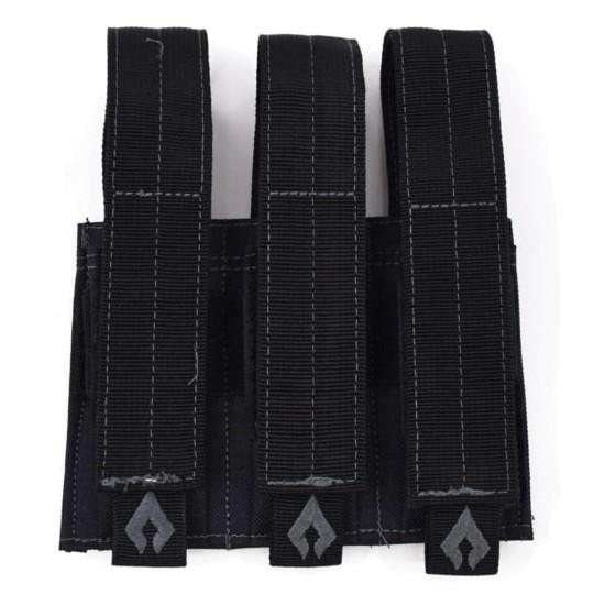 Three black tactical magazine pouches on panel