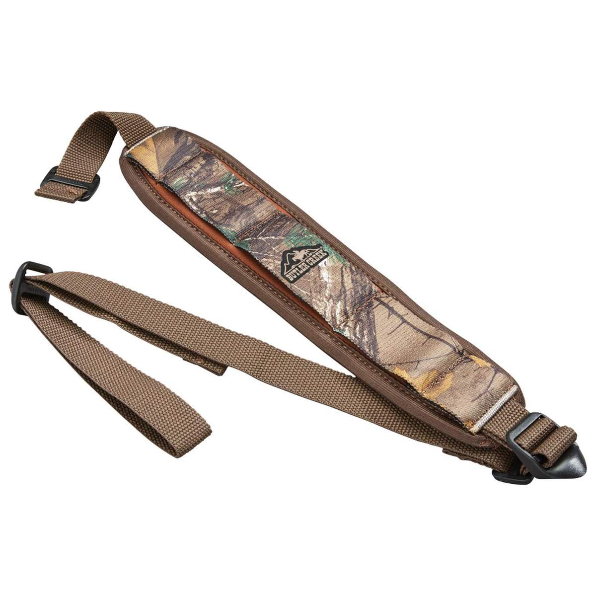 Camouflage padded rifle sling with brown straps