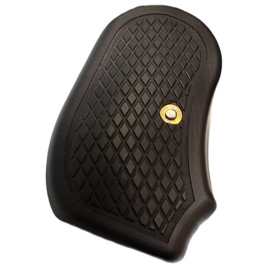 Black textured handgun grip panel with brass insert