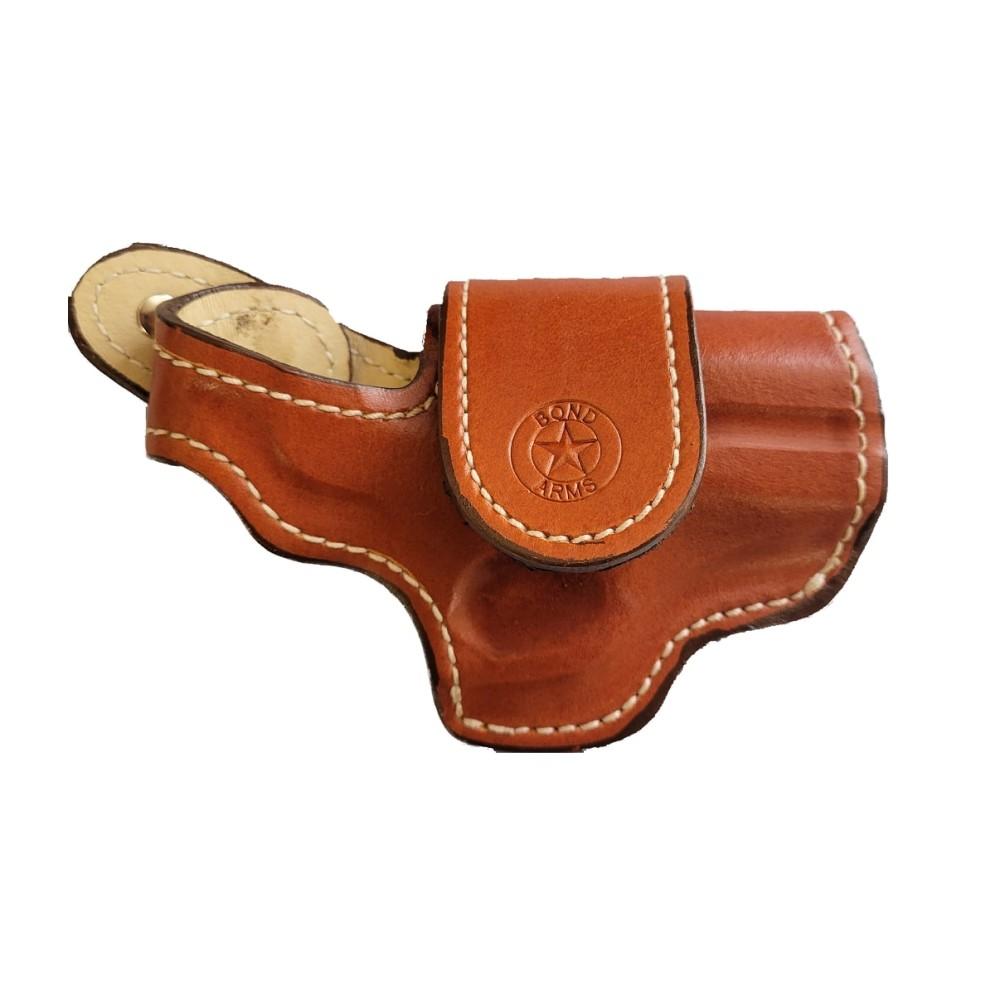 Brown leather handgun holster with flap closure
