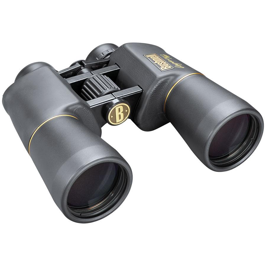 Black Bushnell binoculars on white background