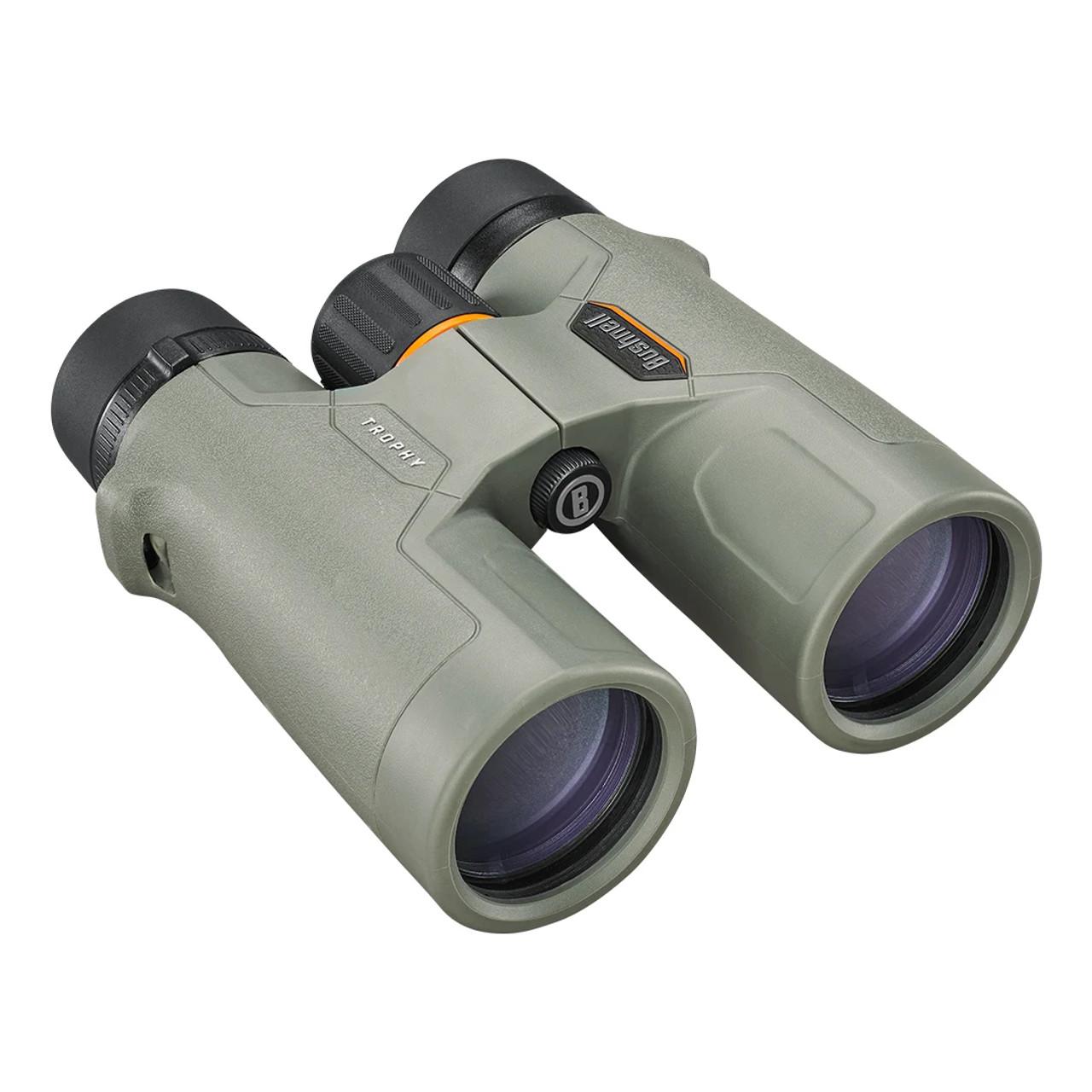 Green Bushnell Trophy binoculars on white background