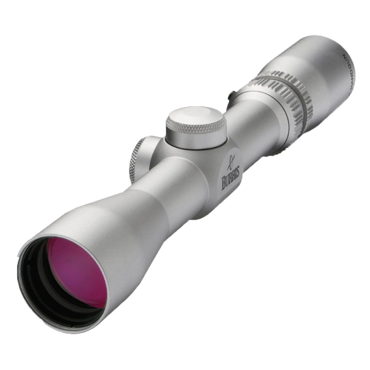 Silver Burris rifle scope with pink lens