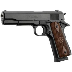 Black 1911-style semi-automatic pistol with wooden grip