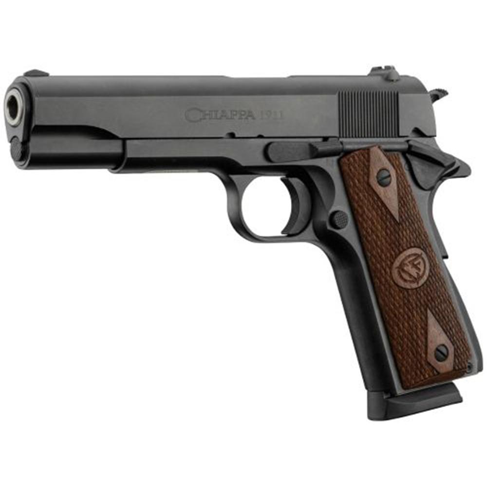 Black 1911-style semi-automatic pistol with wooden grip