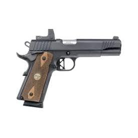 Black semi-automatic pistol with wooden grip