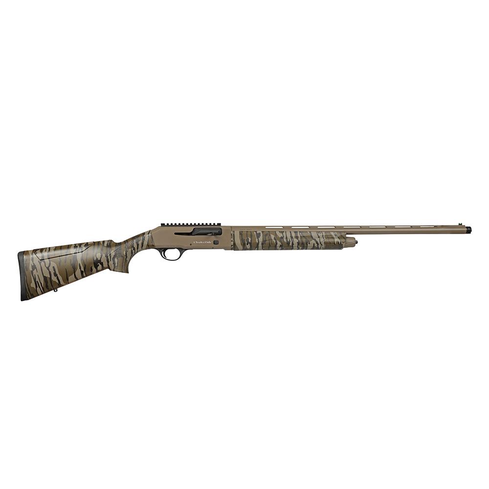 Camouflage semi-automatic hunting shotgun on white background