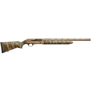 Camouflaged semi-automatic shotgun on white background