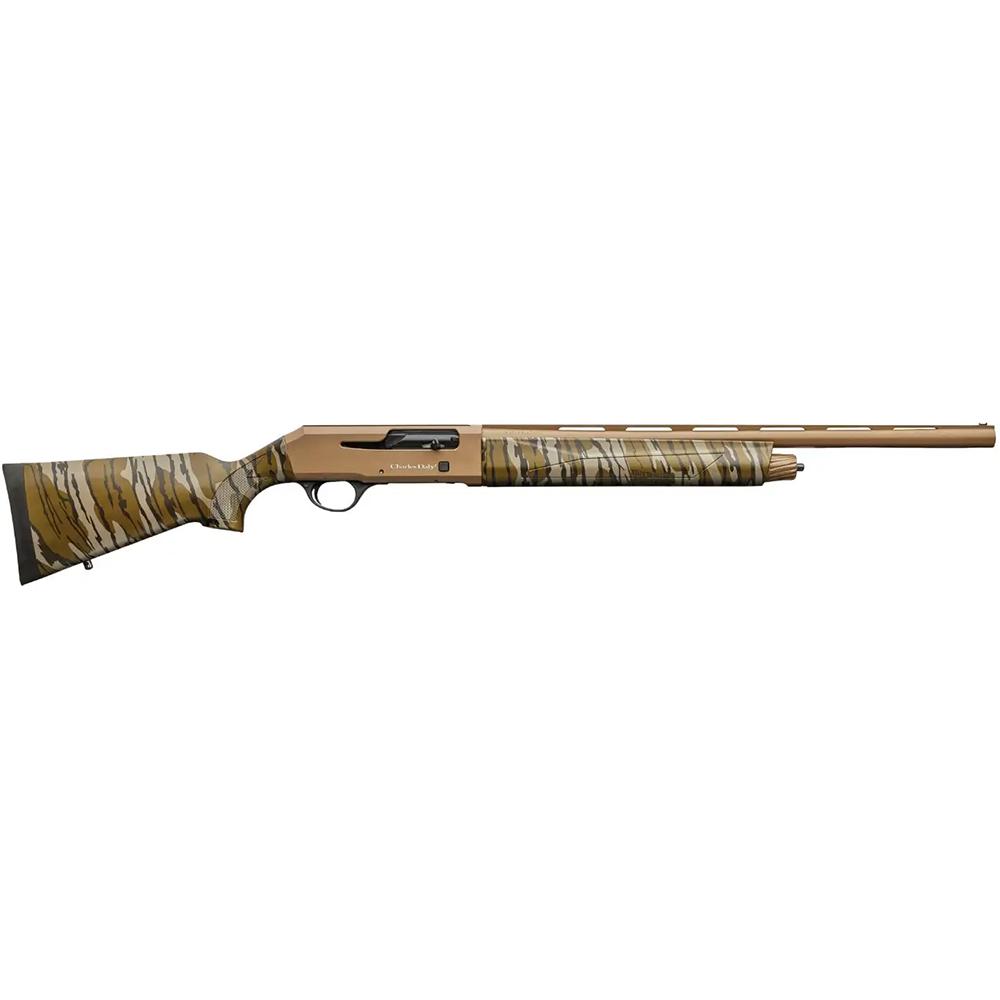 Camouflaged semi-automatic shotgun on white background