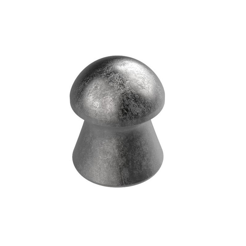 Metal airgun pellet with rounded head and skirt