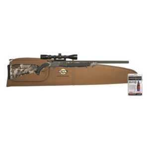 Scoped camouflage rifle on brown carrying case