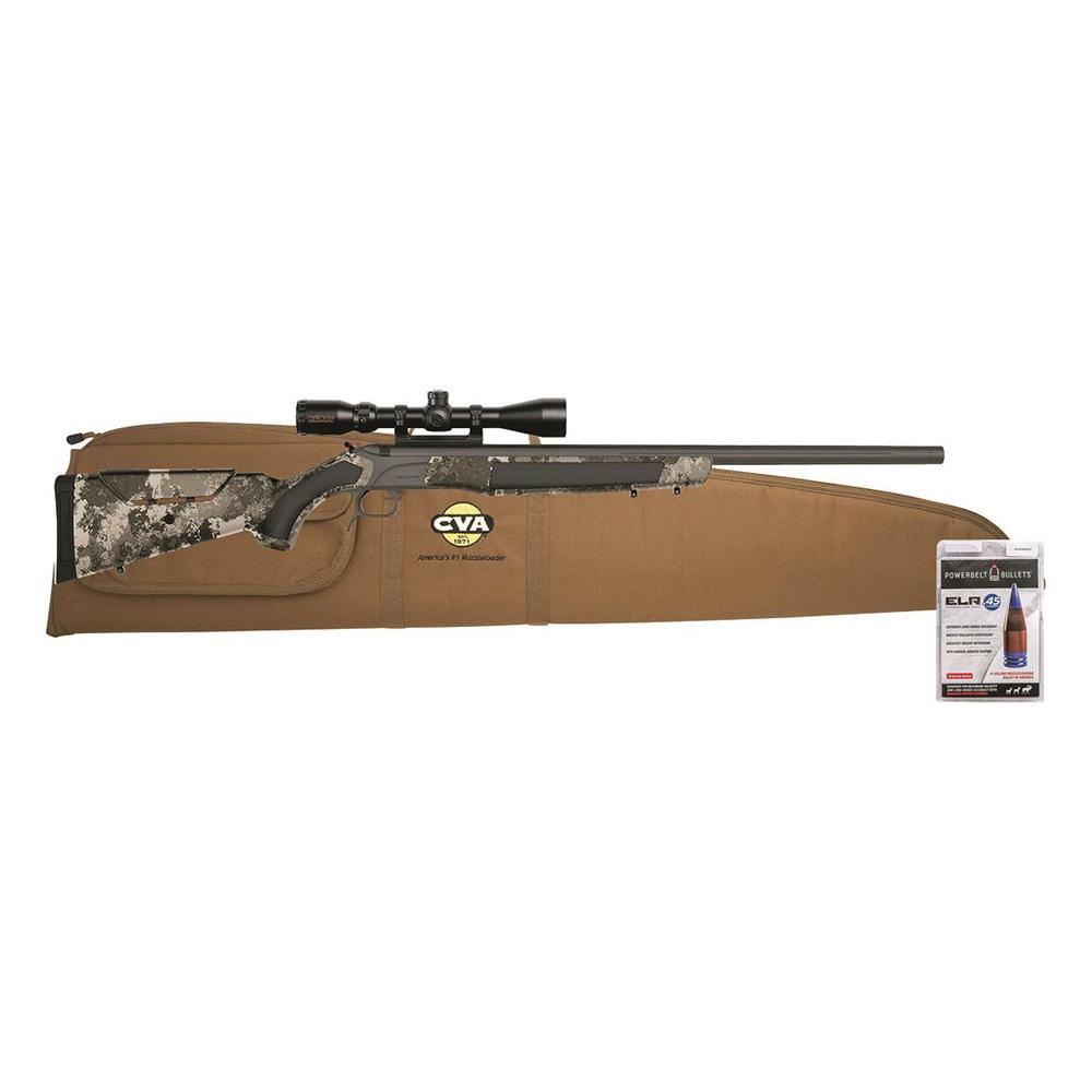 Scoped camouflage rifle on brown carrying case