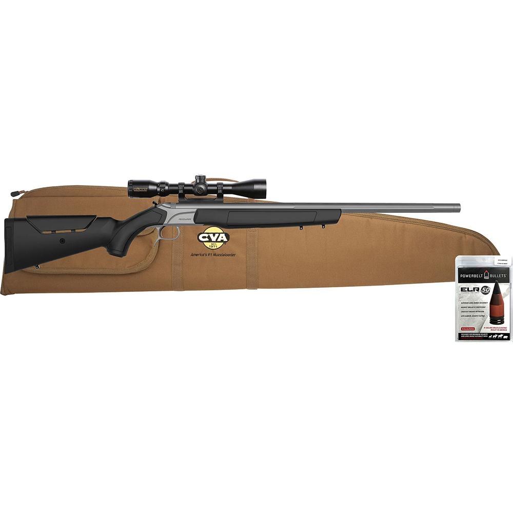 Scoped muzzleloader rifle with tan carrying case