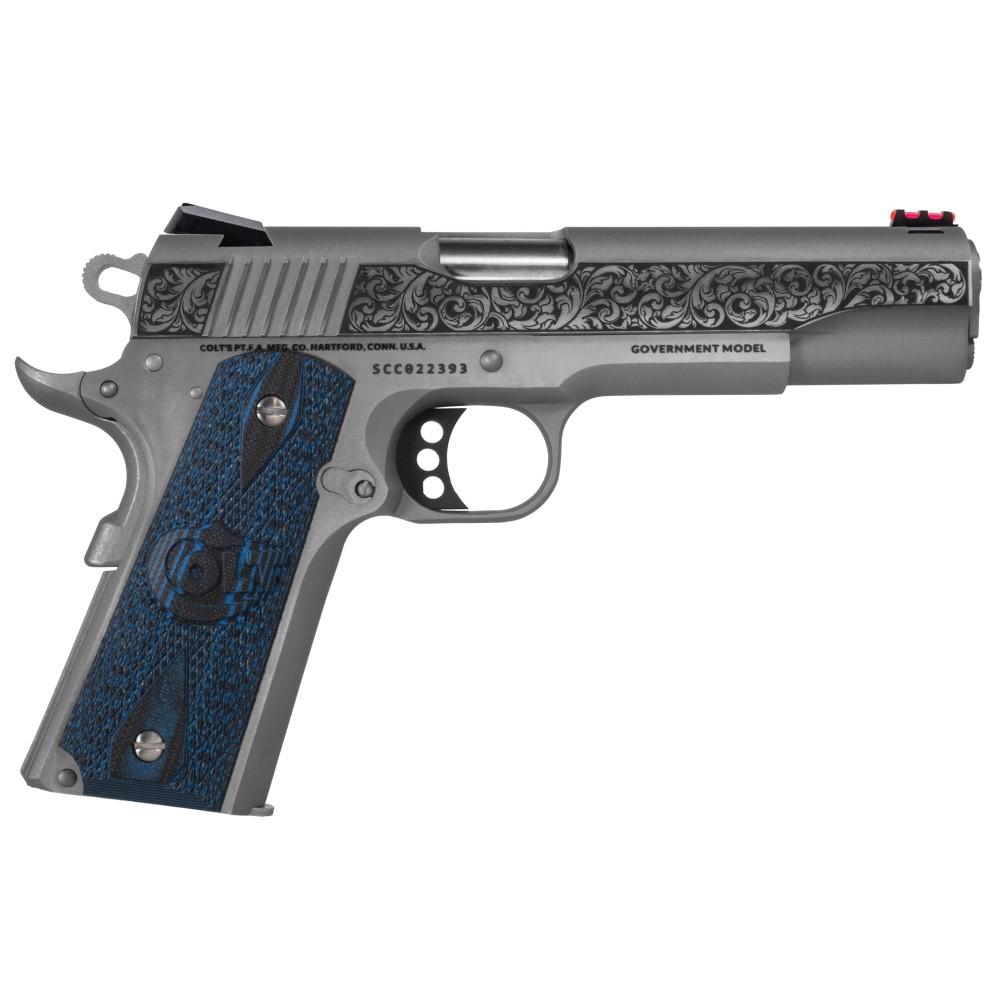 Engraved Colt 1911 pistol with blue grip