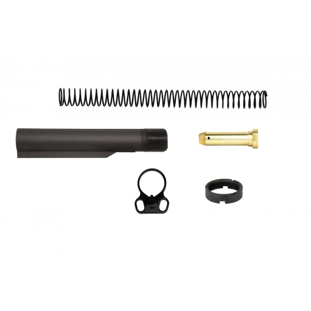 AR-15 buffer tube assembly components laid out