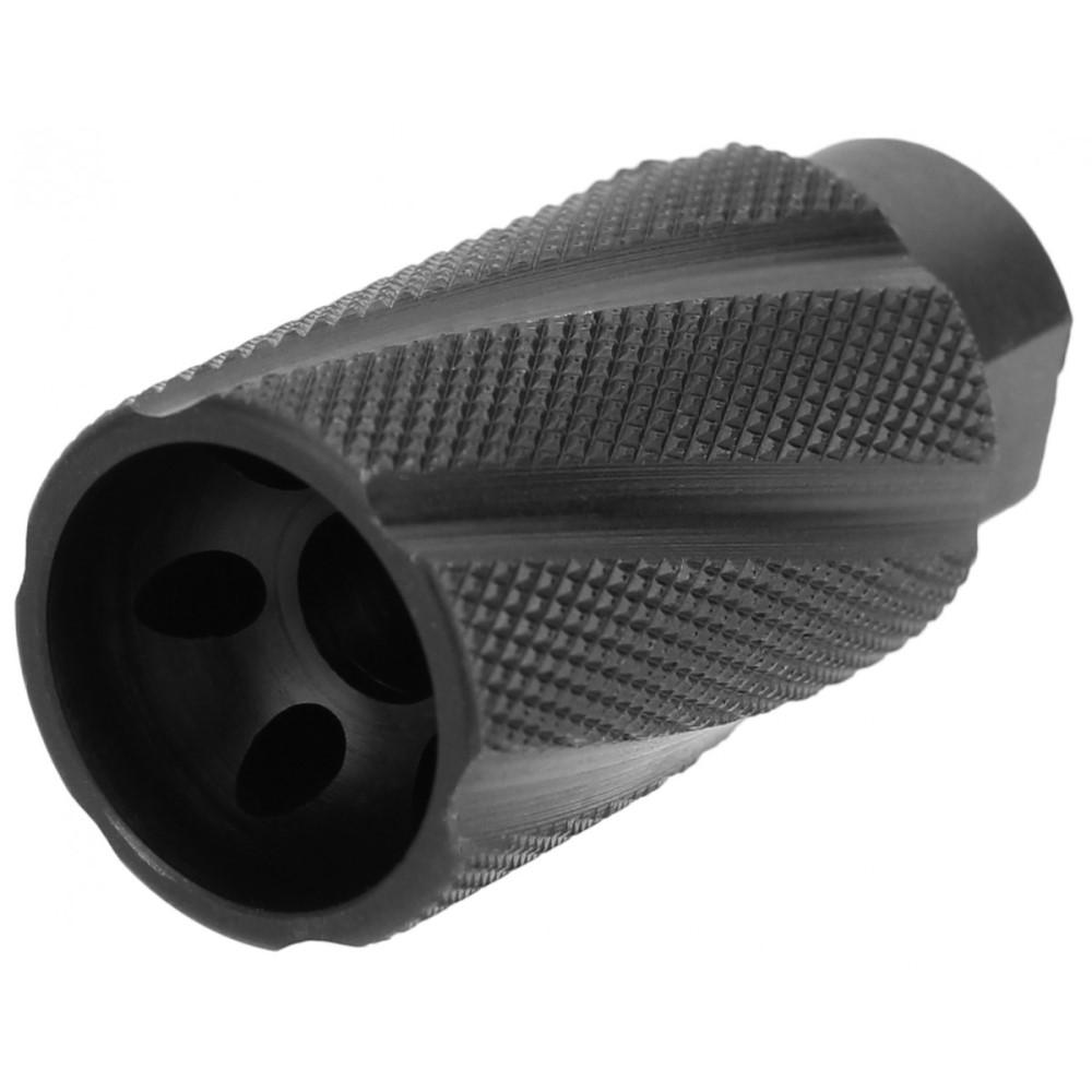 Black knurled metal cylindrical muzzle device