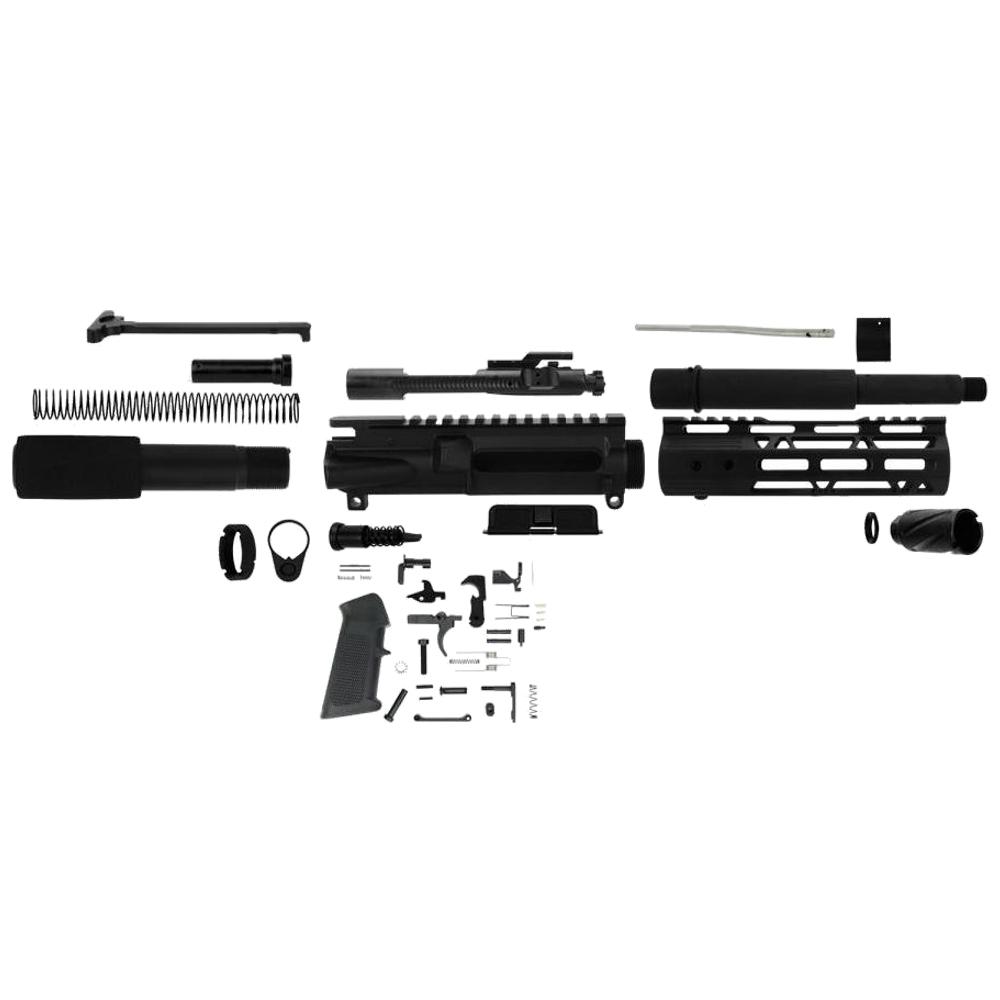 Disassembled rifle parts arranged on white background