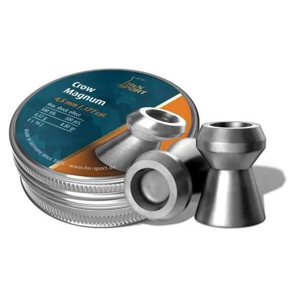 Tin of Crow Magnum pellets with three pellets