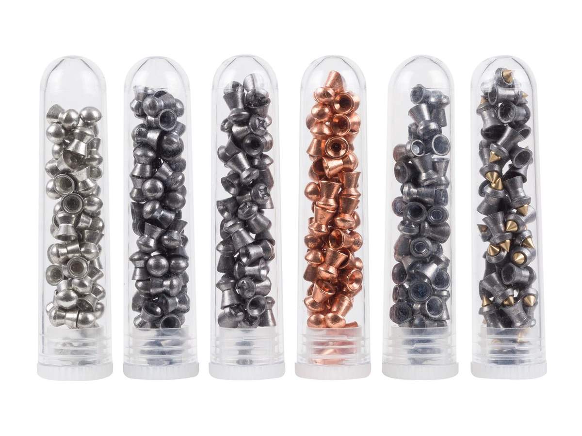 Six tubes filled with assorted metal pellets