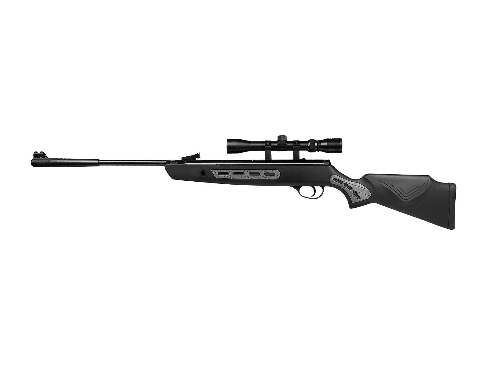 Black air rifle with mounted scope on white