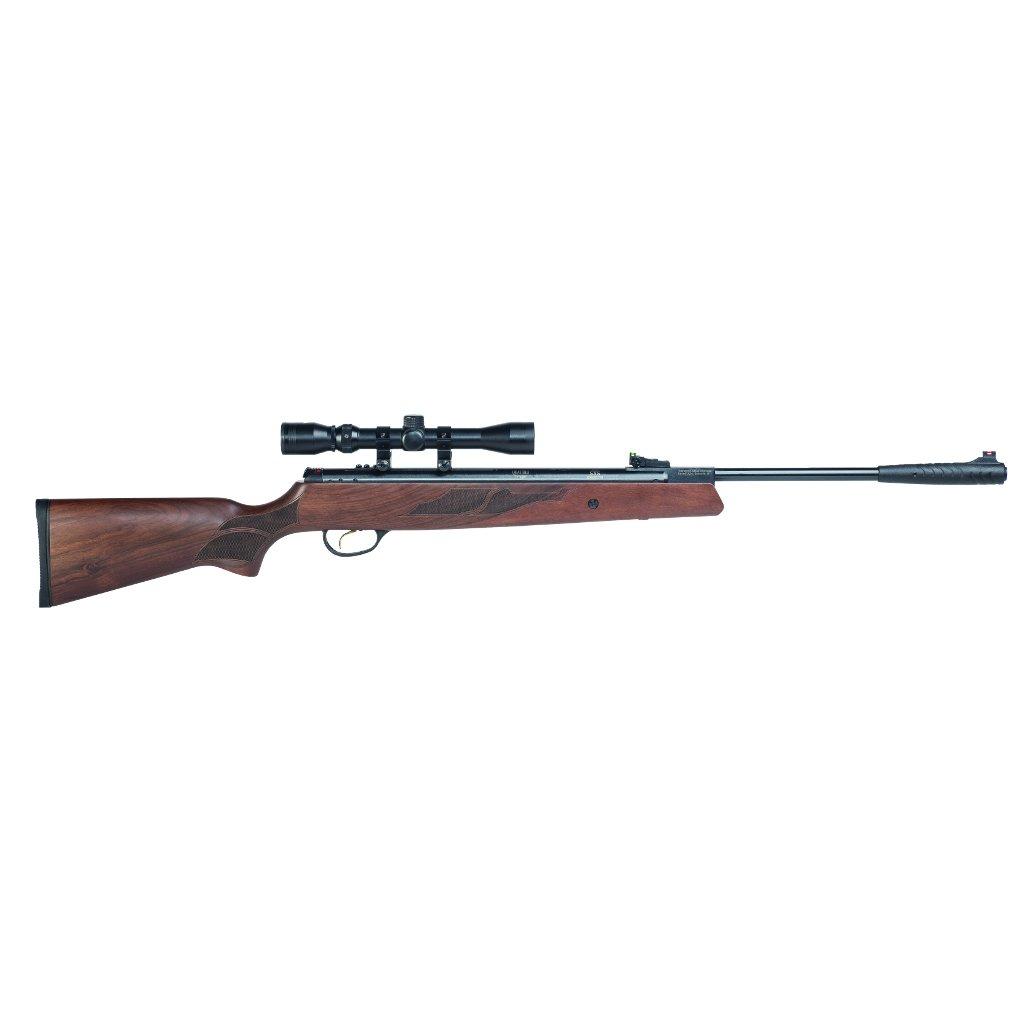 Wood-stock rifle with mounted scope on white