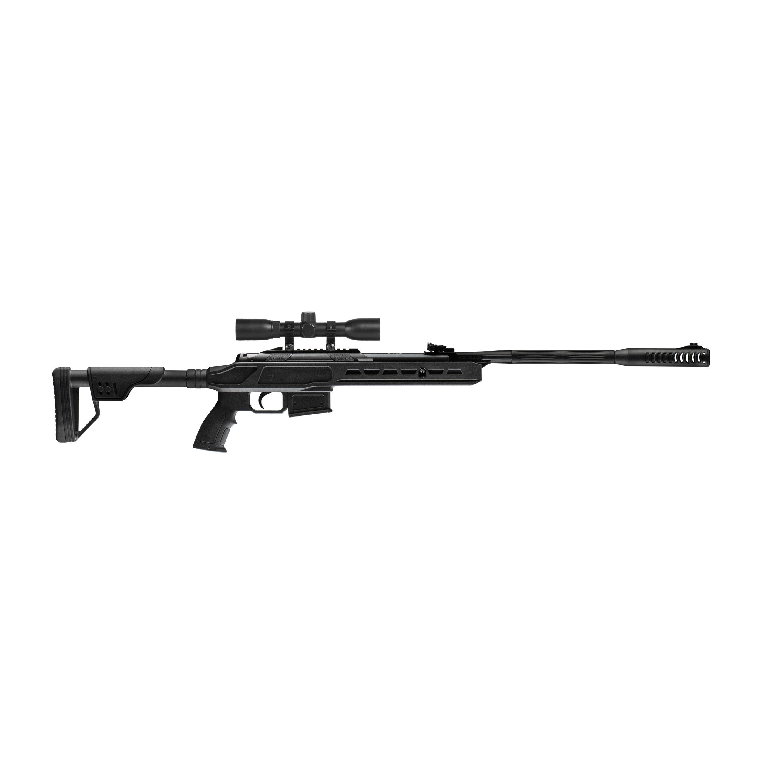 Black air rifle with scope on white background