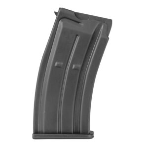 Black curved rifle magazine on white background