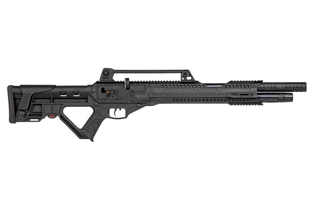 Black tactical shotgun isolated on white background