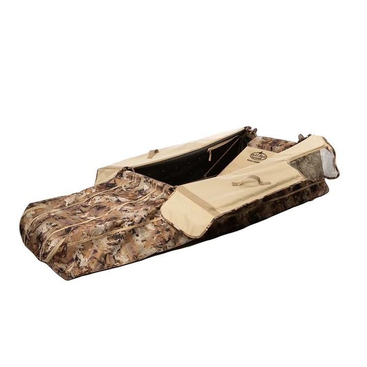 Camouflage floating hunting blind on white background