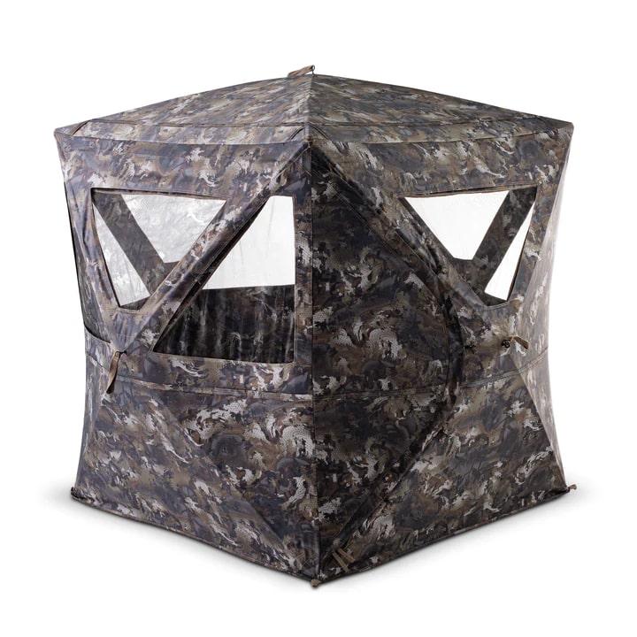 Camouflage pop-up hunting blind with mesh windows