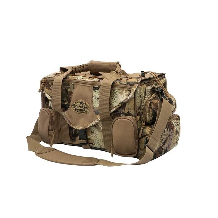 Camouflage duffel bag with multiple pockets and strap