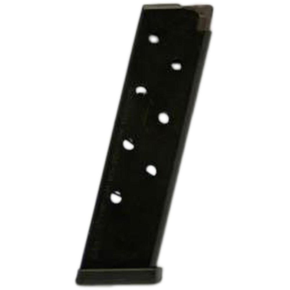Black handgun magazine with visible round holes