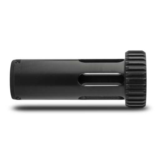 Black cylindrical metal component with slotted vents
