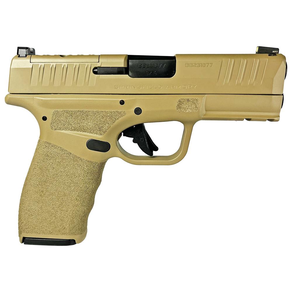 Tan Springfield Armory semi-automatic handgun on white background