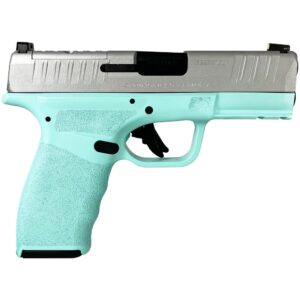 Mint green and silver semi-automatic handgun