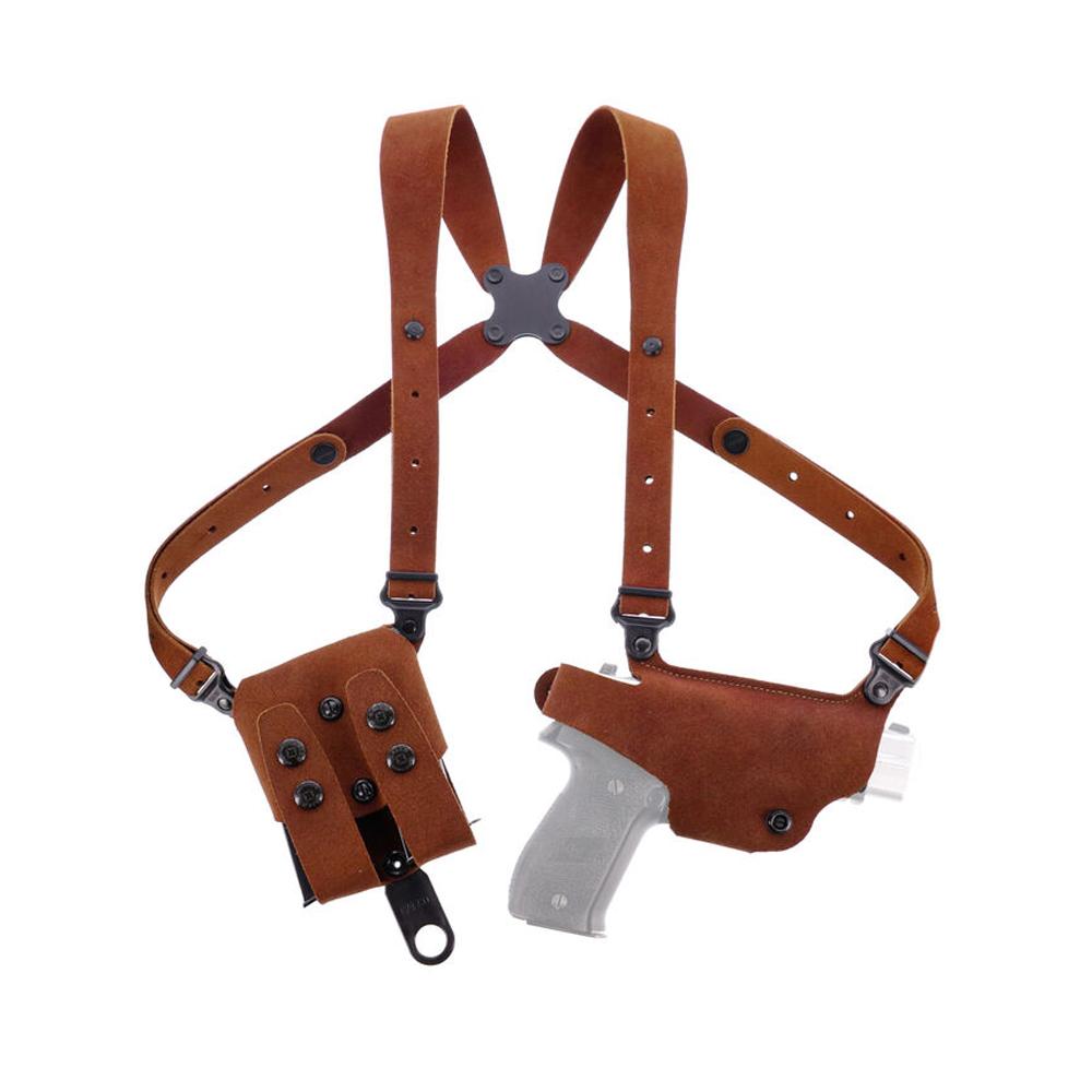 Brown leather shoulder holster with handgun and pouch