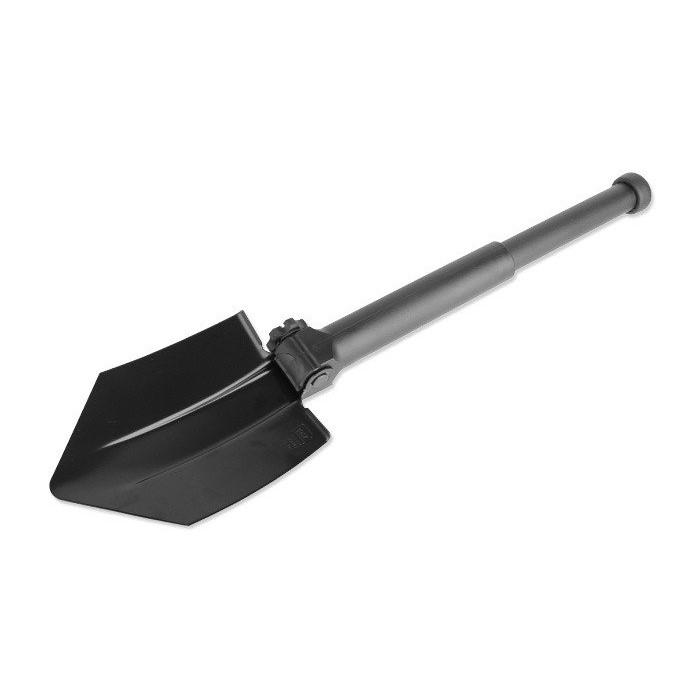 Black folding entrenching shovel on white background