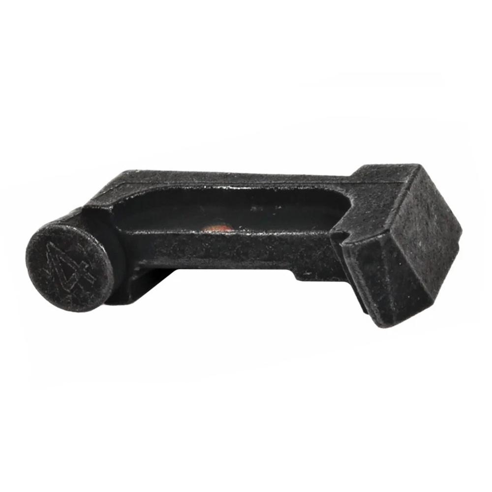 Black metal mechanical latch component on white background