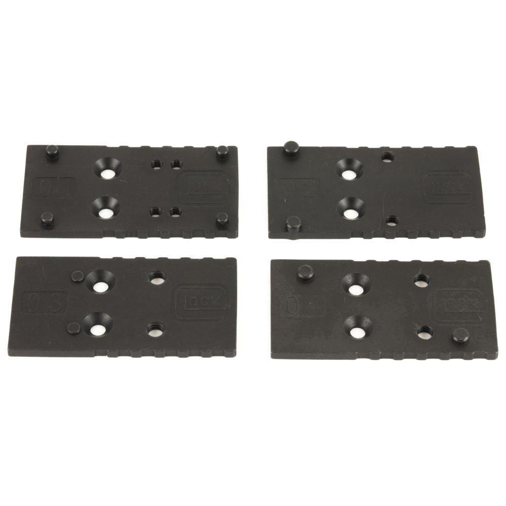Four black rectangular mounting plates with holes