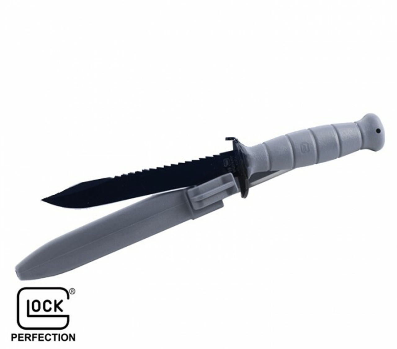Glock serrated knife with gray handle and sheath