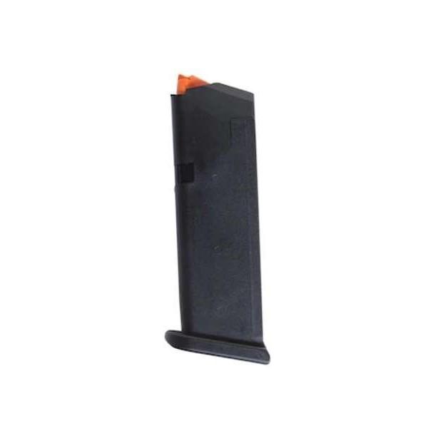 Black handgun magazine with orange follower