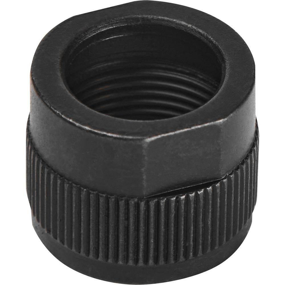 Black threaded metal coupling with knurled grip