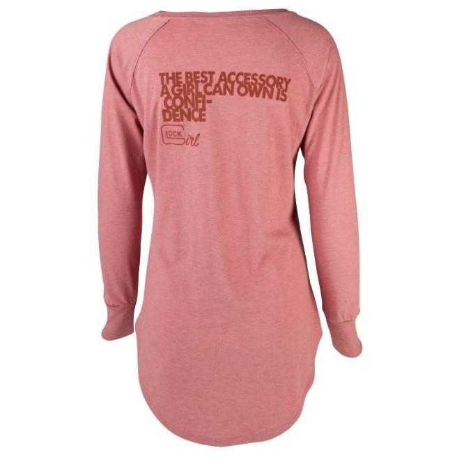 Back of pink sweatshirt dress with confidence quote