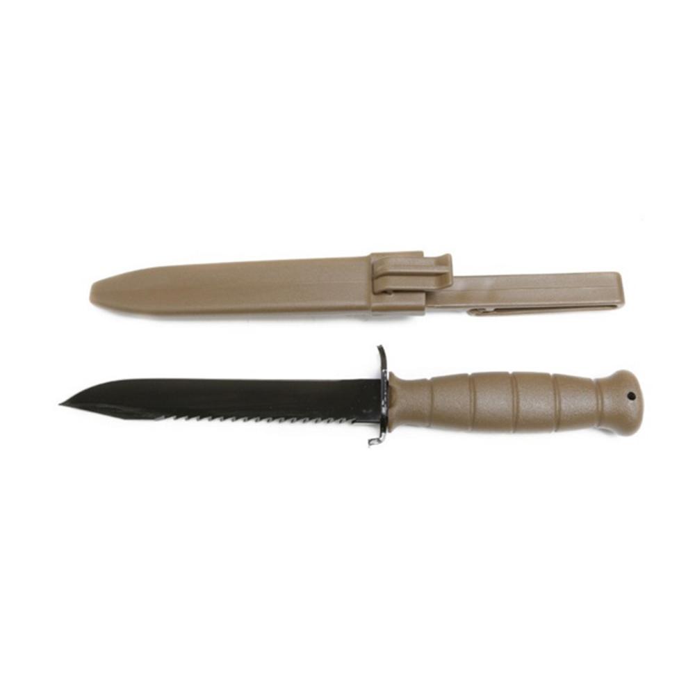 Serrated survival knife with tan handle and sheath