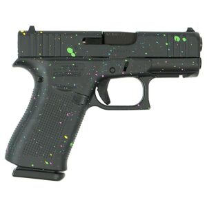 Black handgun with colorful paint splatter design