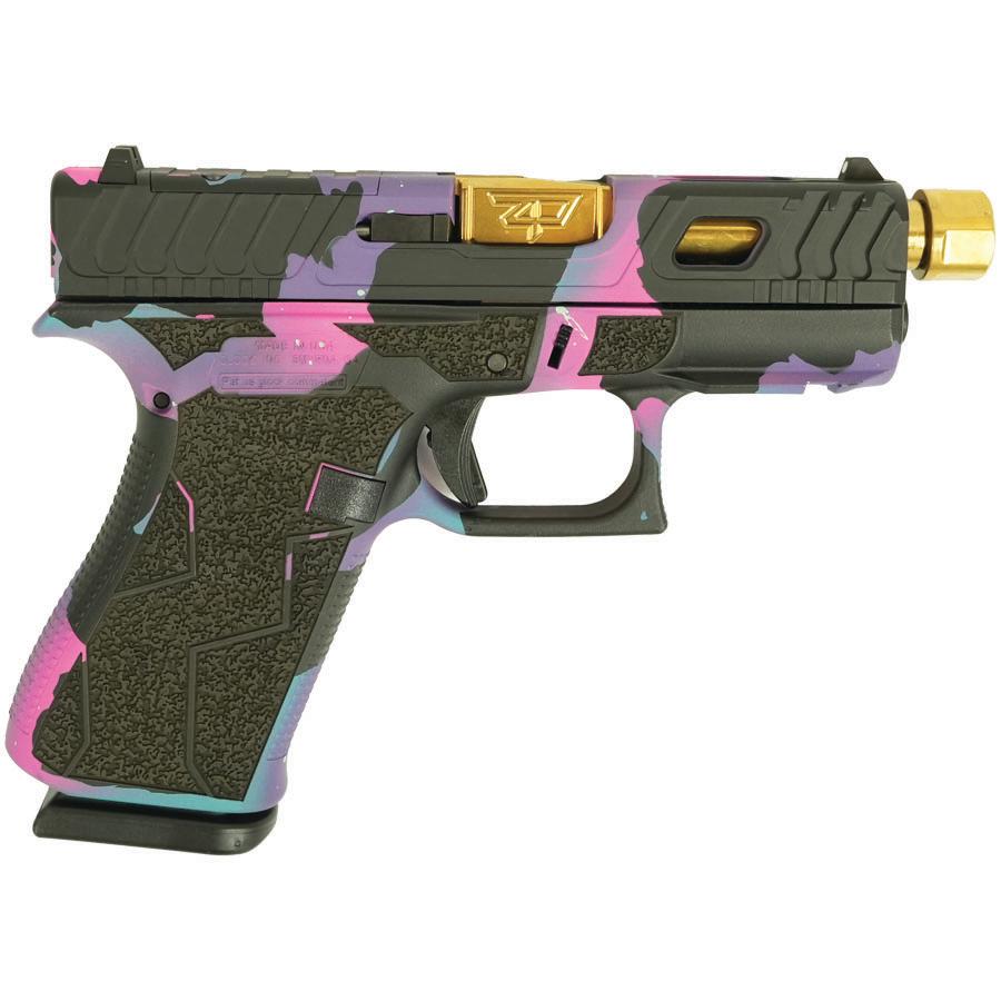 Colorful custom semi-automatic pistol with gold barrel