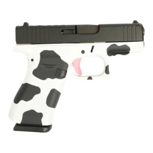 Black and white semi-automatic handgun with pink trigger