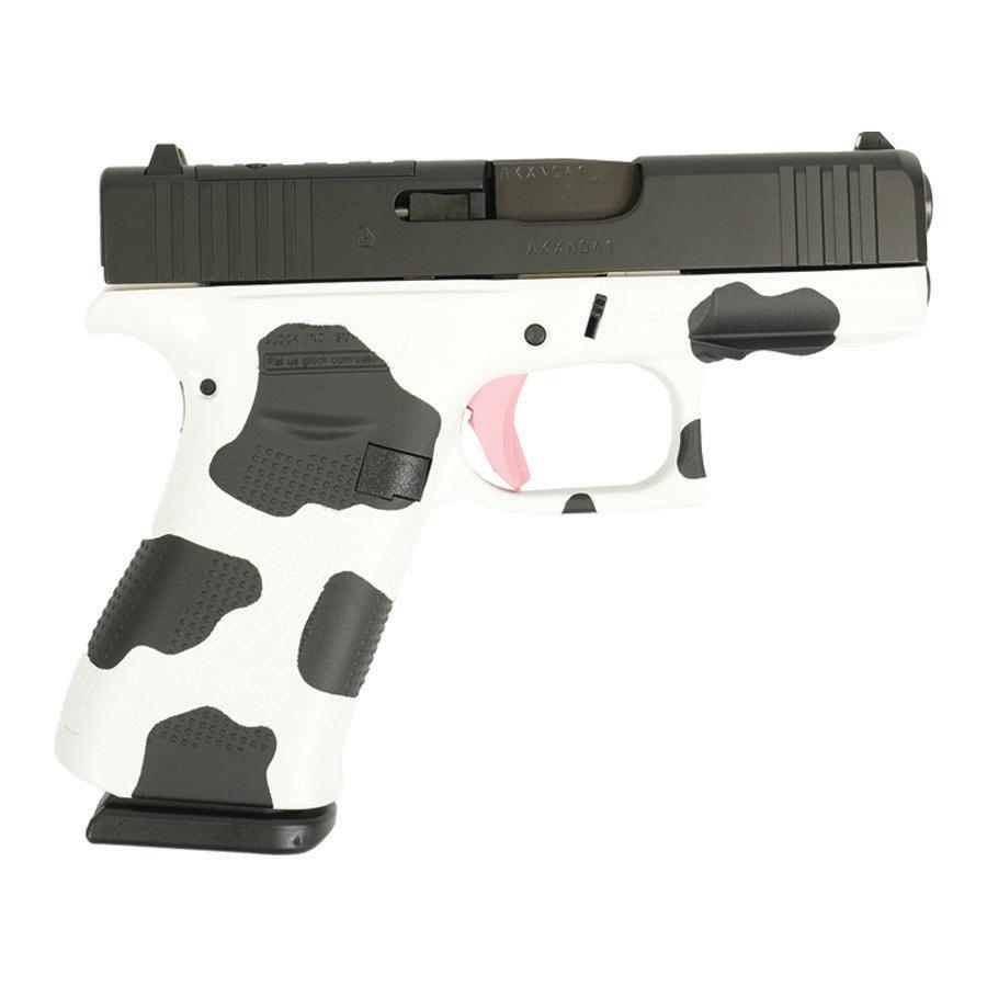 Black and white semi-automatic handgun with pink trigger