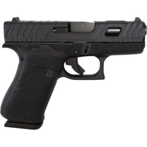 Black semi-automatic handgun on white background