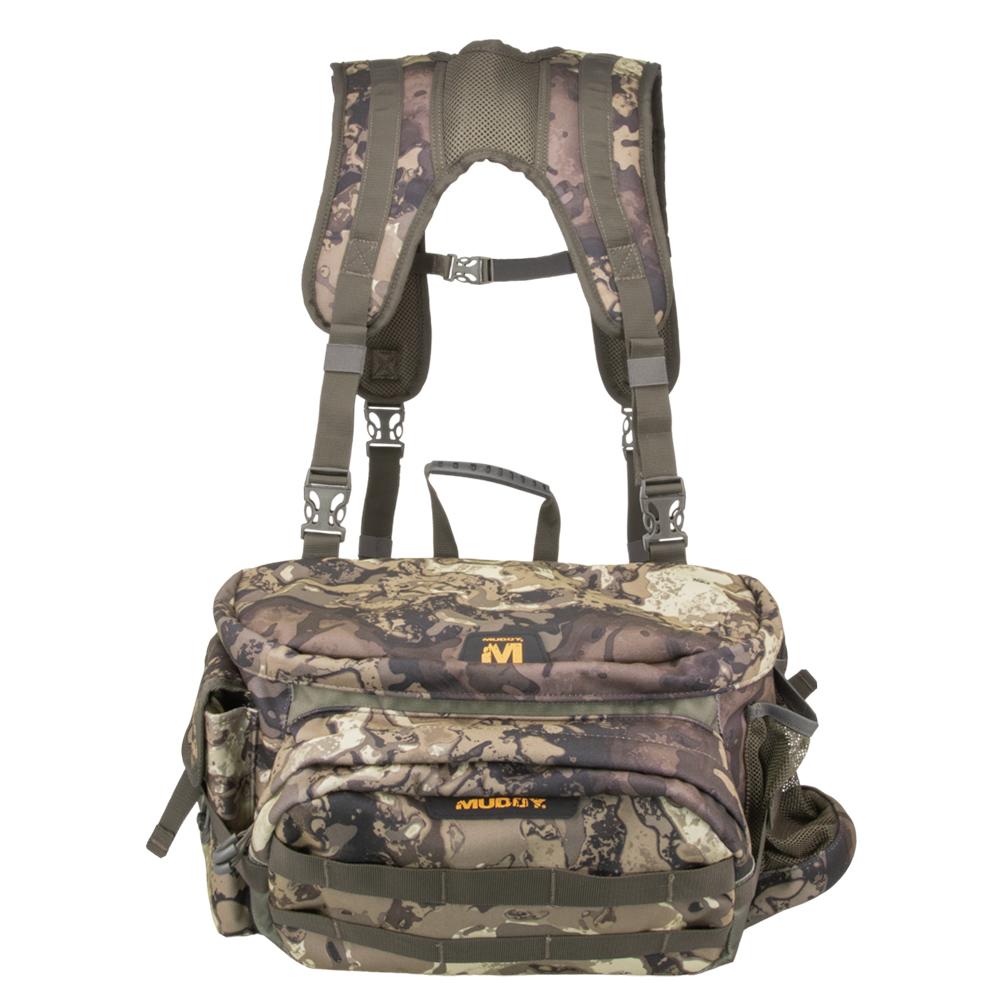 Camouflage hunting chest pack with shoulder harness